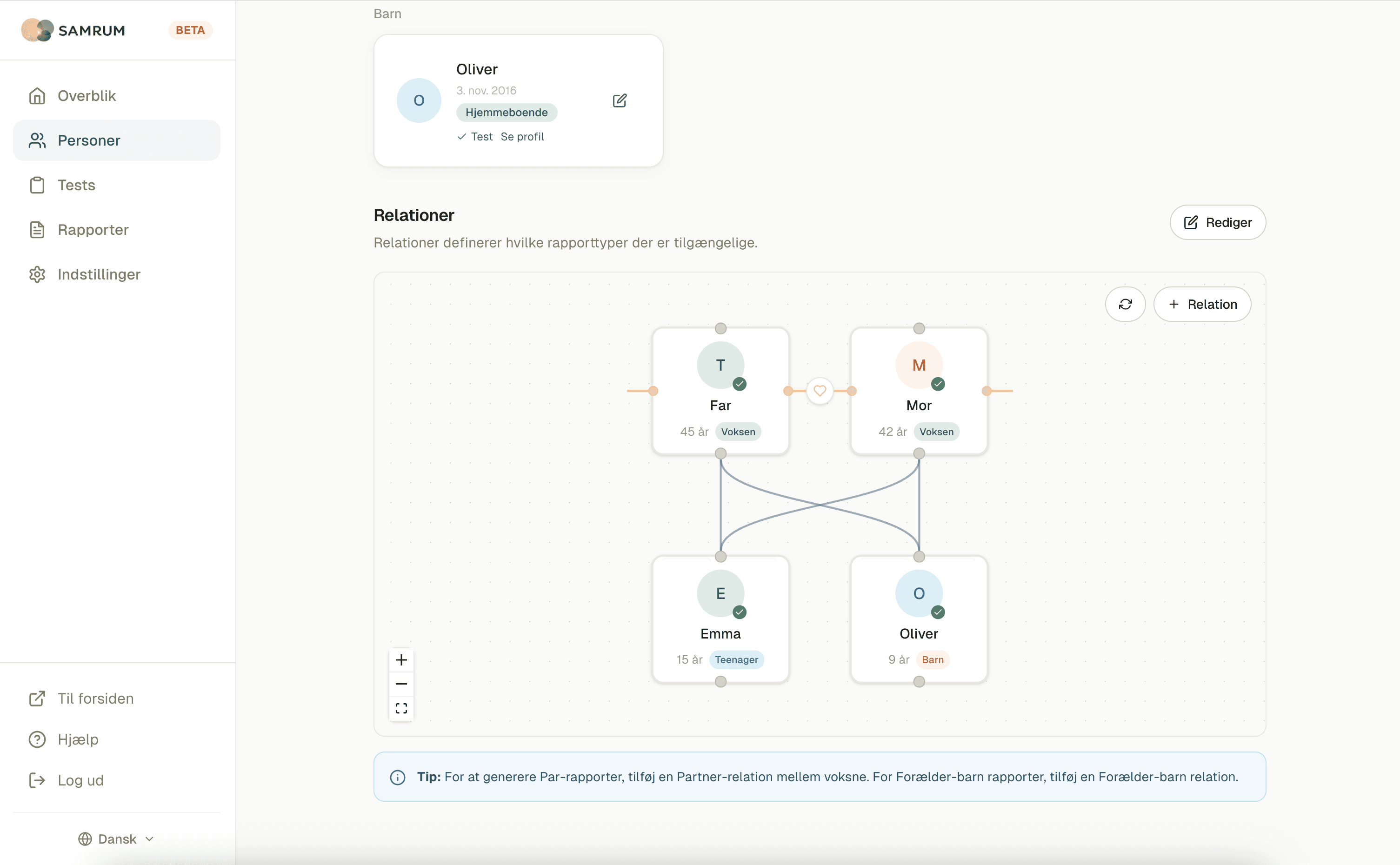 Skærmbillede af familieoversigt med familiemedlemmer og deres teststatus